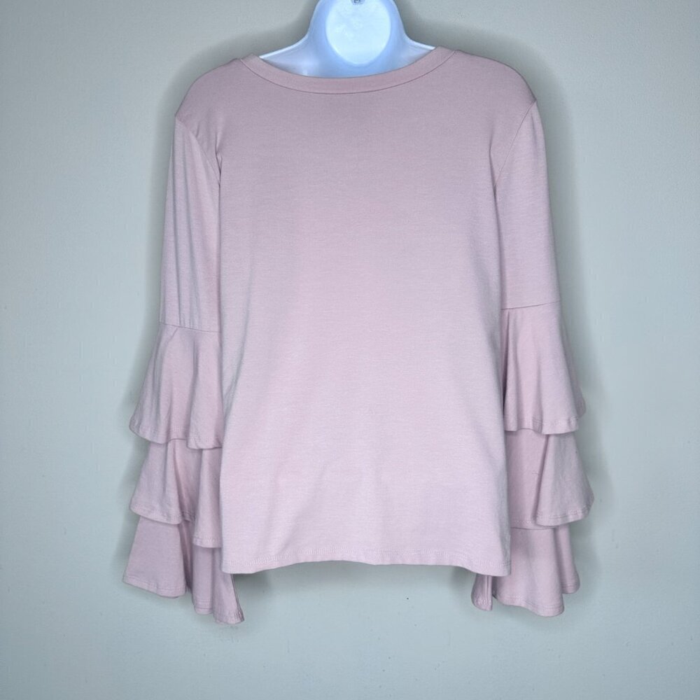 NWT  Belle + Sky Pink Front Twist Top With Tiered Ruffled Bell Sleeves-Size M - Picture 4 of 8